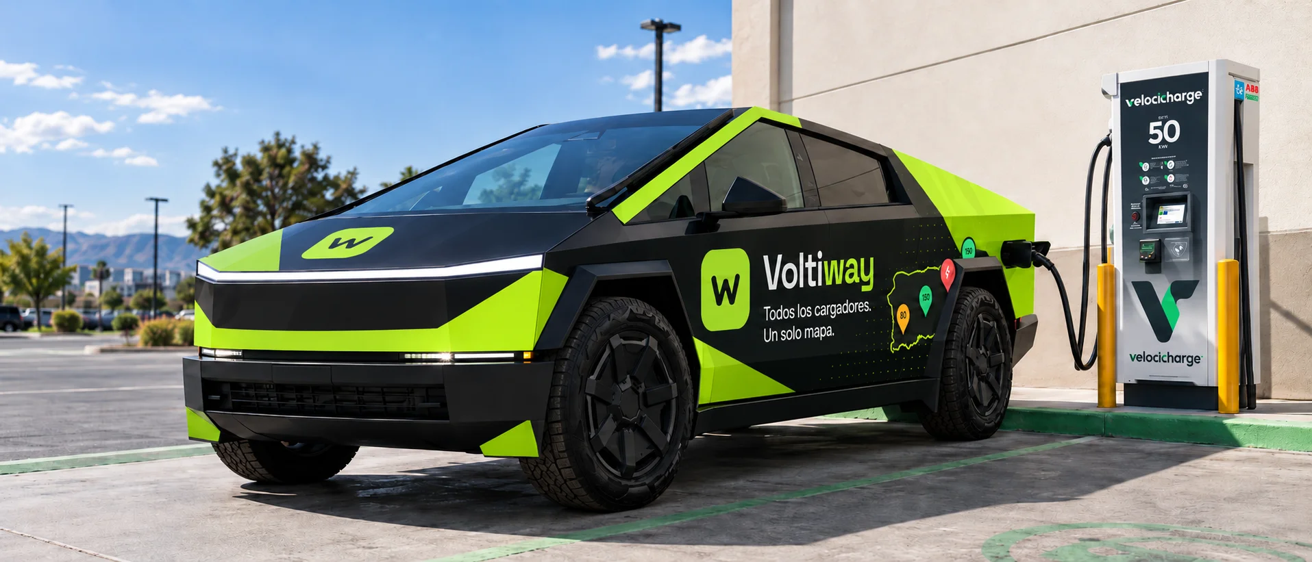 Vehículo con wrap negro y verde Voltiway junto a un cargador